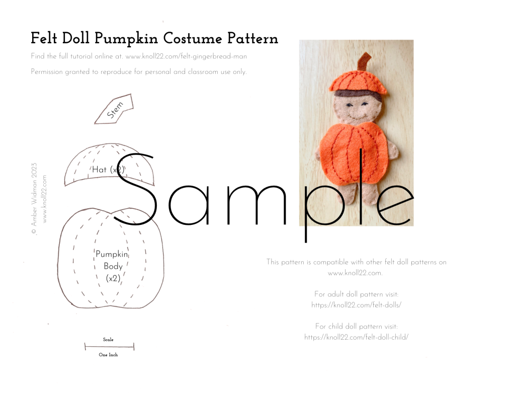 Sample of the felt doll pumpkin costume pattern