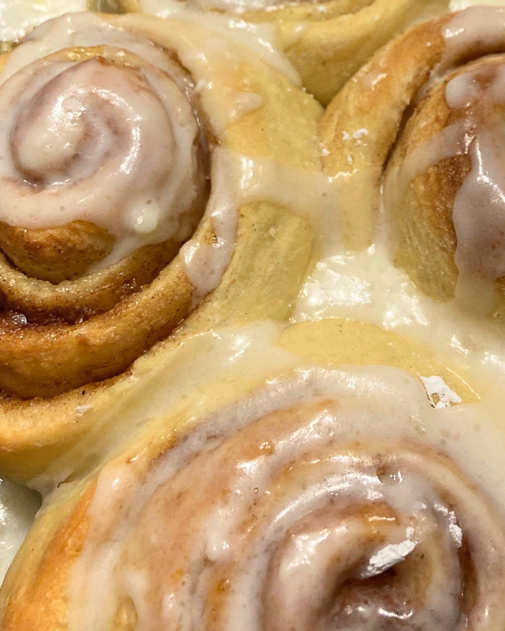 cinnamon rolls up close to show texture 