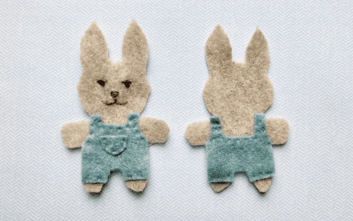 Front and back felt pocket pals rabbit pieces with the coveralls attached.