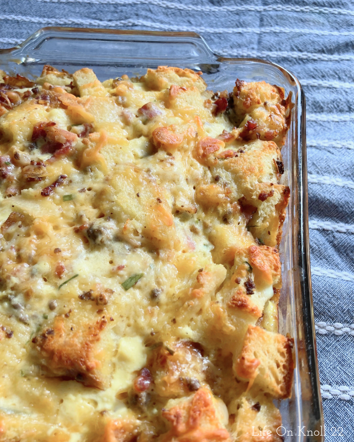 sourdough breakfast strata on a blue and white tablecloth