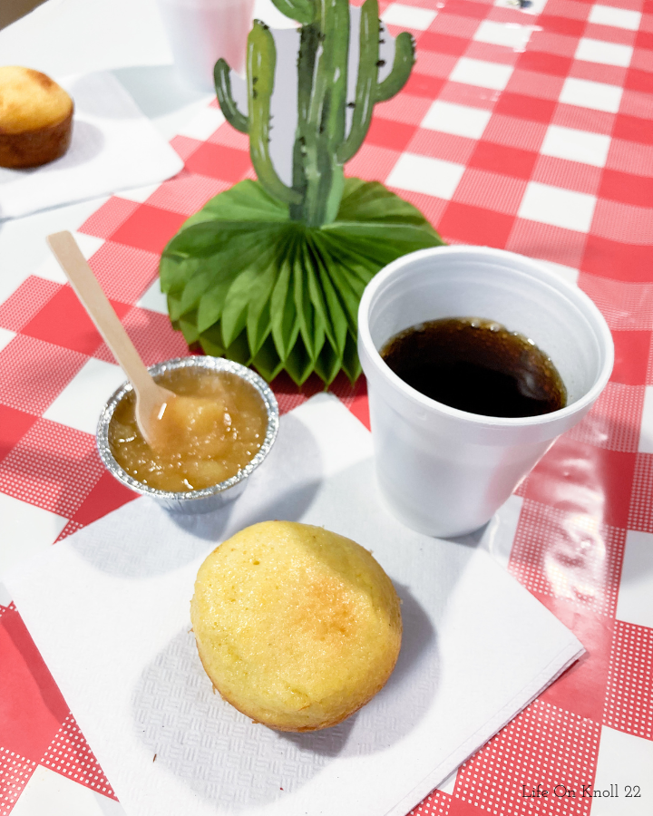 Cowboy western theme dinner with cornbread muffin, applesauce, and root beer