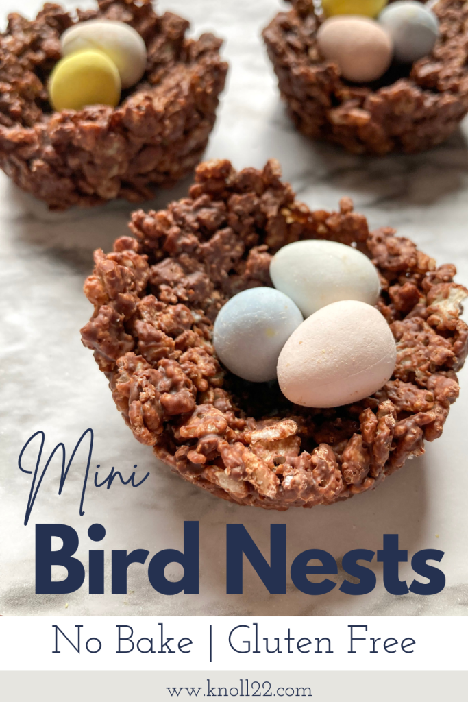 mini no bake bird nests made of cripsy cereal and chocolate with mini candy eggs inside