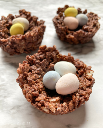 Chocolate Crispies nest with candy eggs inside